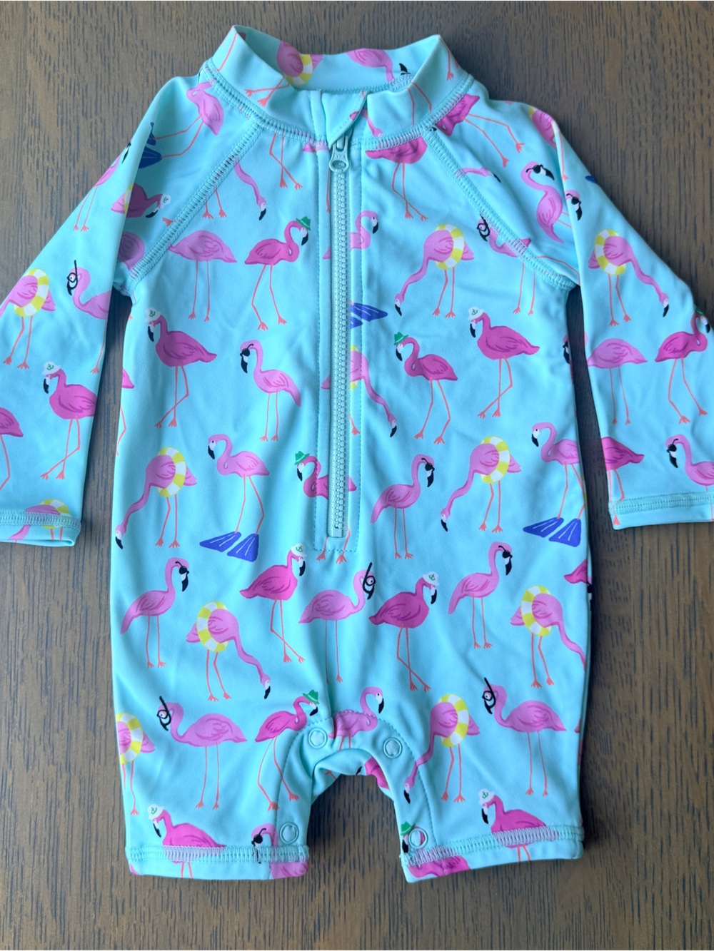 Janie and Jack Teal One-Piece Rashguard with Pink Flamingos - size 0-3 M